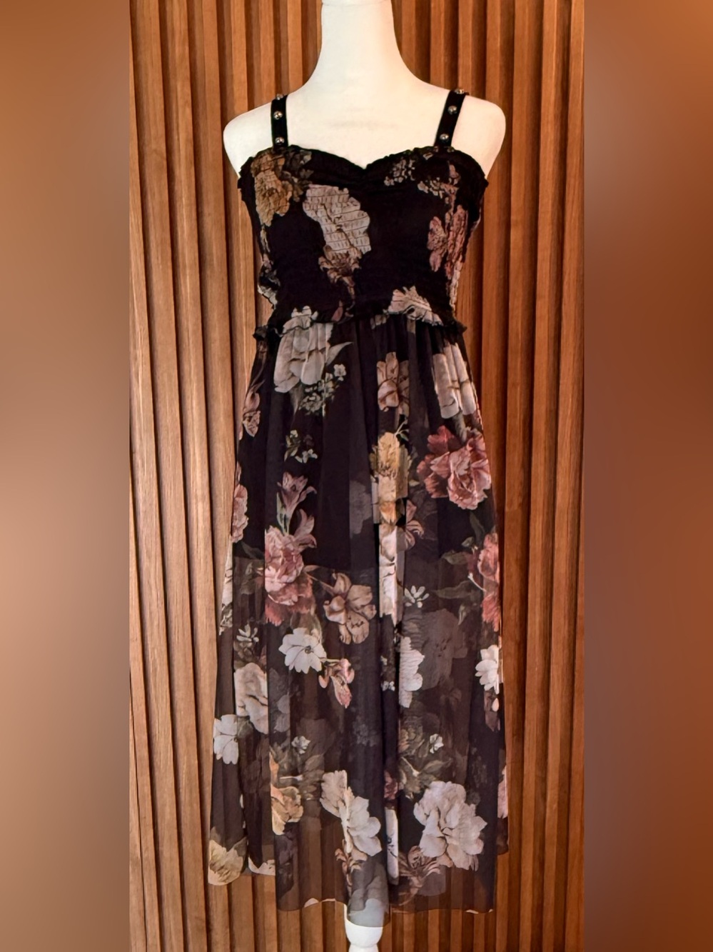 Floral Black Midi Dress with Smocked Bodice and Straps
